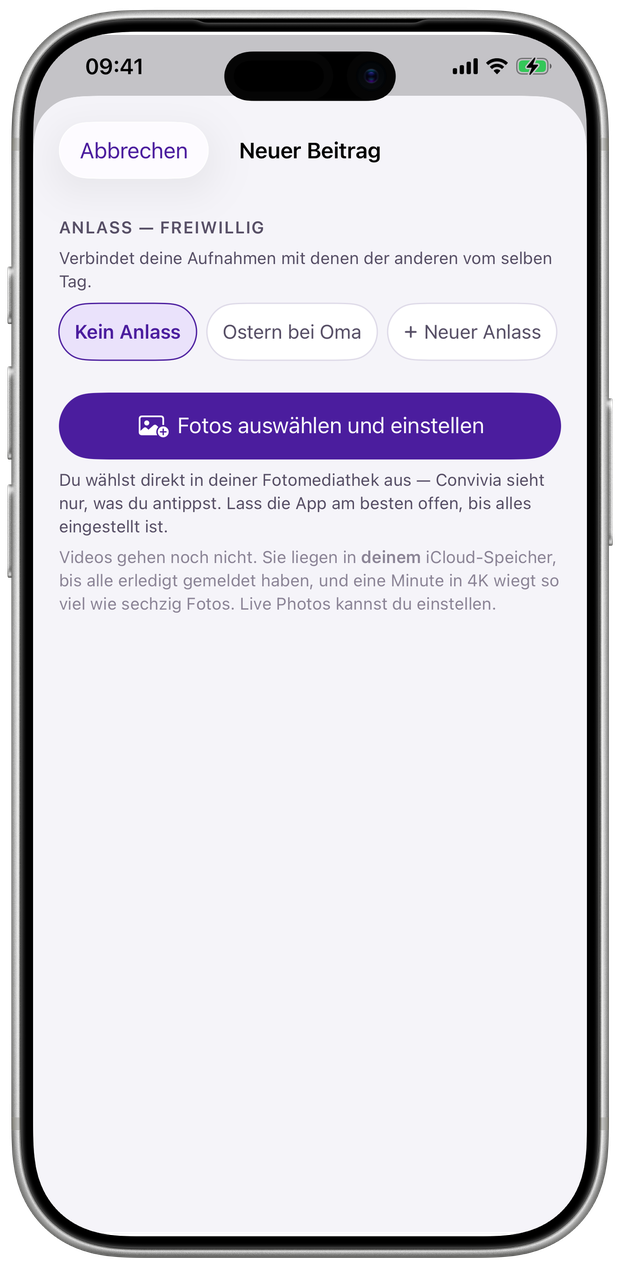 Neuer Beitrag: Anlass wählen, dann Fotos auswählen und einstellen