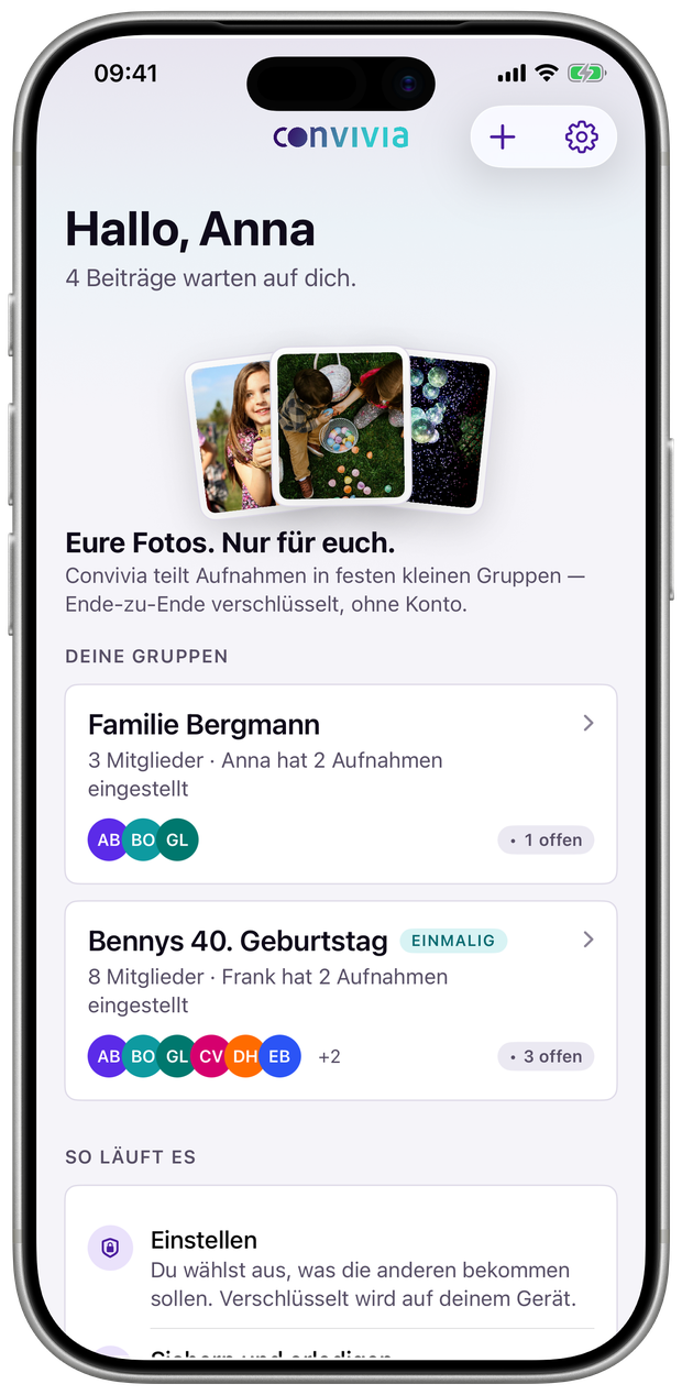 Die Startseite: zwei Gruppen, offene Antworten